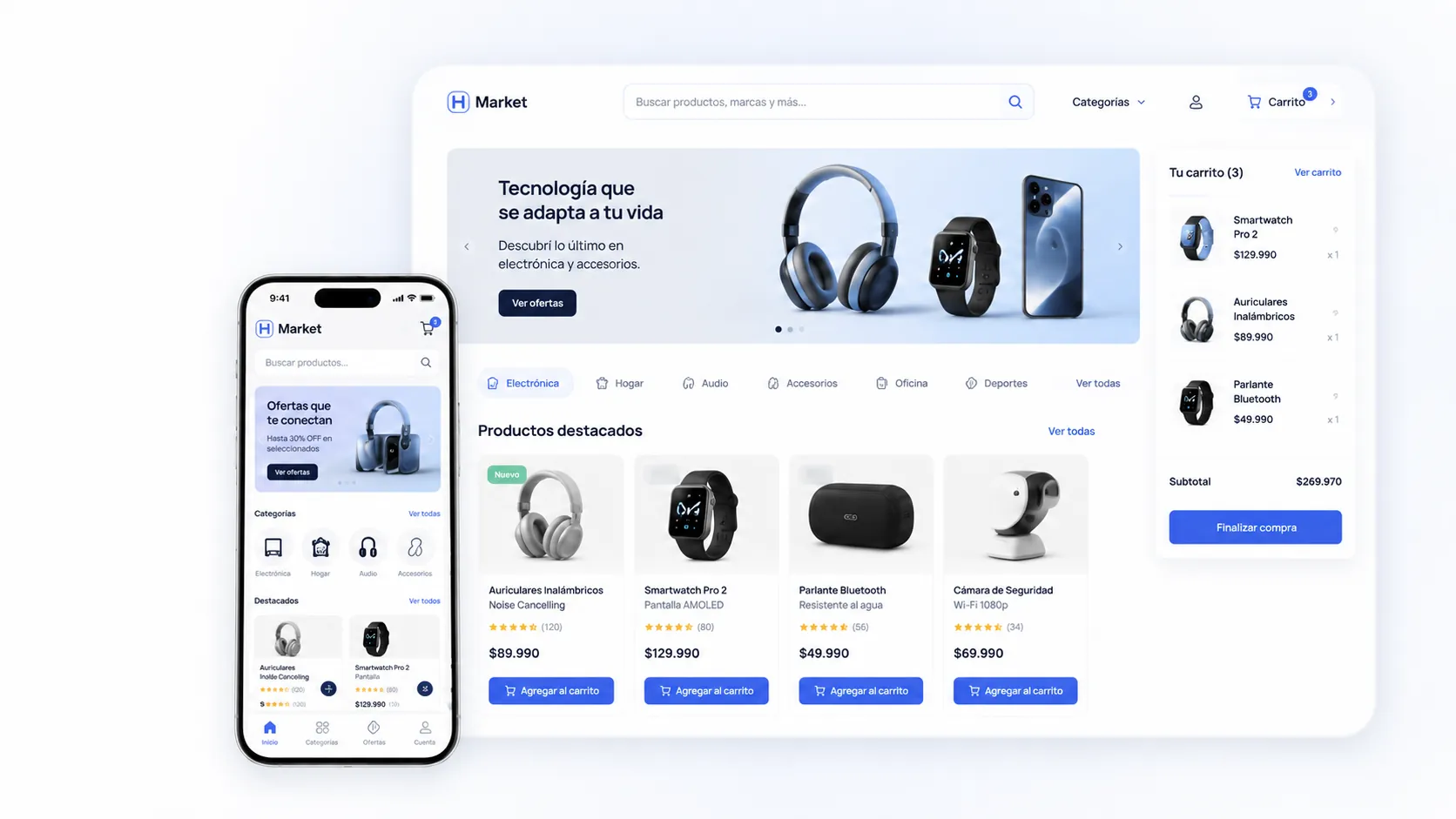 Mockup conceptual de Market con una tienda online en escritorio y móvil.